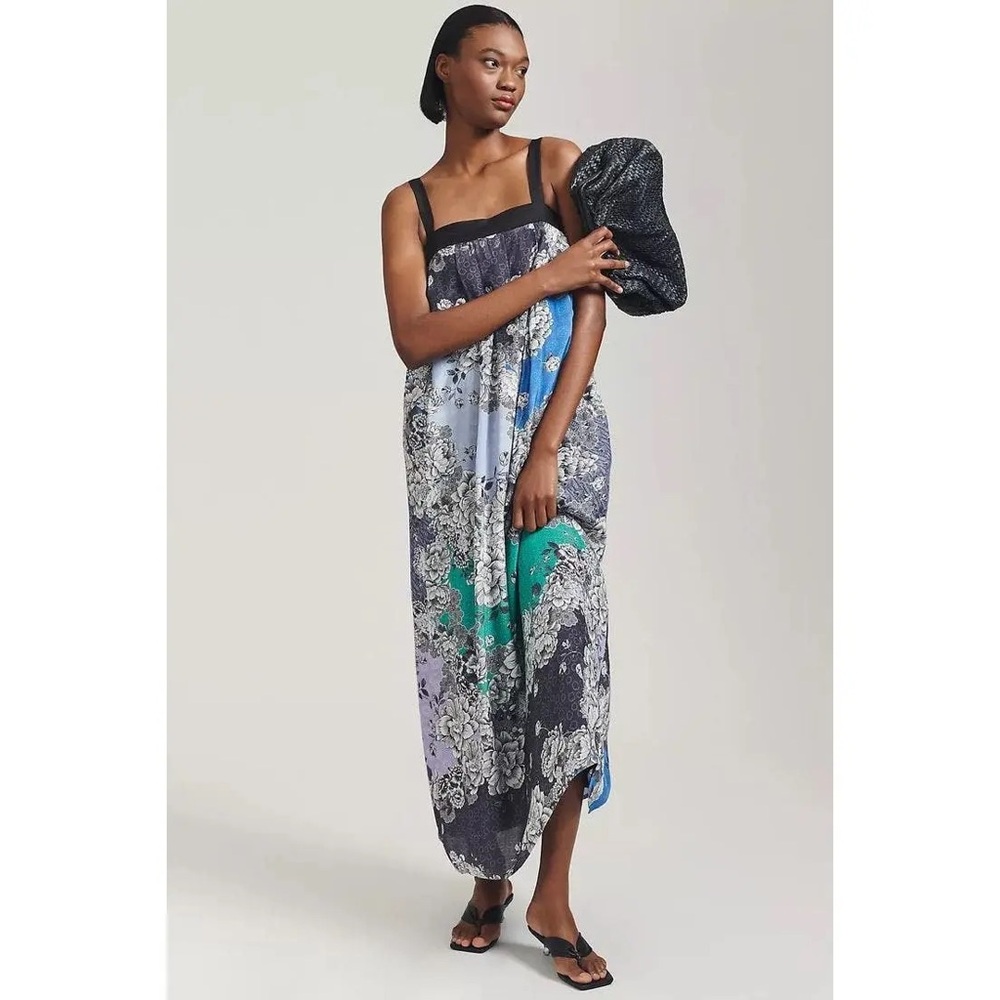 Anthropologie Atsu Black Motif Floral Printed Square Neck Maxi Dress NWT XS